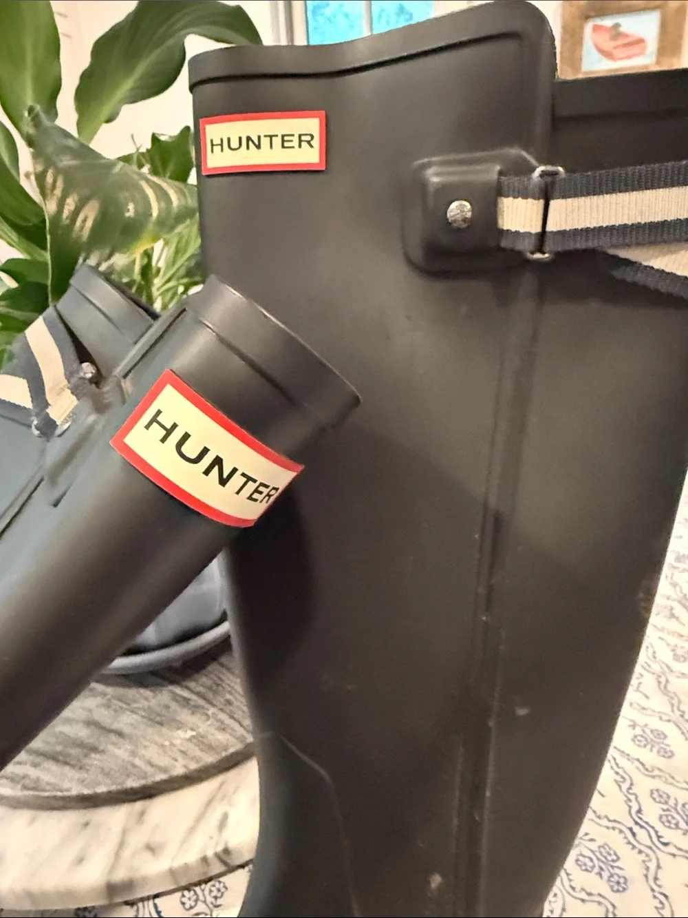 Hunter Black Rain I Boots with black and White Striped Trim